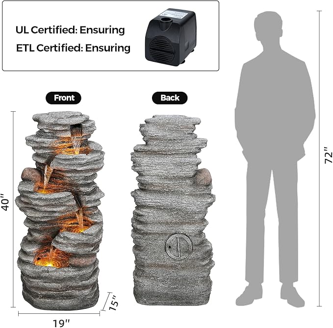 40" Outdoor Water Fountain with LED Lights - 5-Tier Cascading Rock Waterfall Fountain, Natural Rock Look, Ideal for Garden, Landscaping, Patio, Balconies and Yard Decor