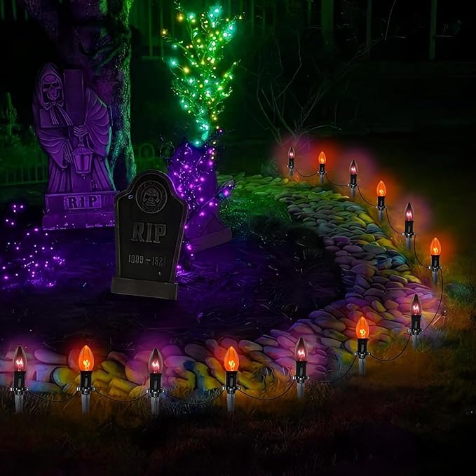 Goothy C9 Halloween Pathway Lights Outdoor, 19.5Ft Orange Black Marker String with 10 Stakes, Connectable Walkway Waterproof for Lawn Yard Sidewalk Garden Decor