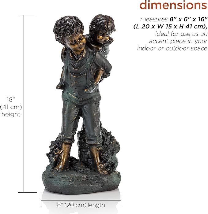 Alpine Corporation 16" Tall Indoor/Outdoor Patina Finish Piggyback Kids Yard Statue Decoration