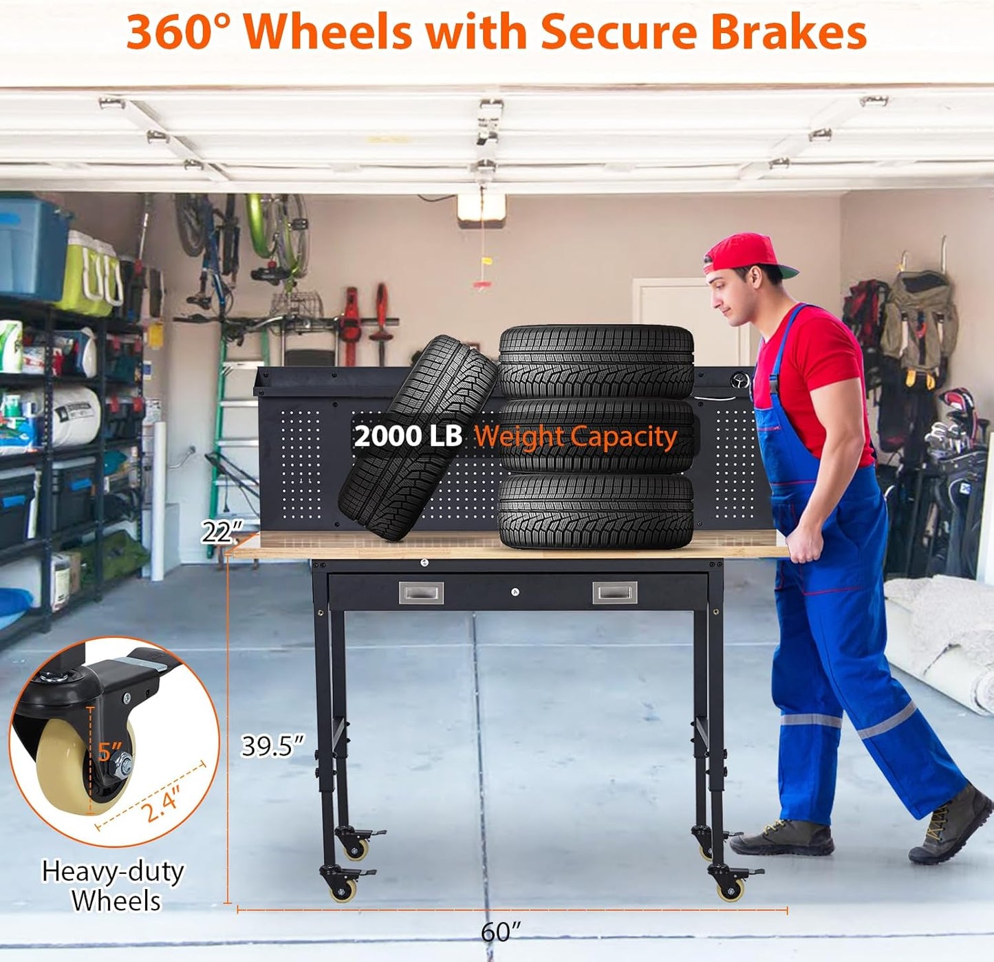 60" Adjustable Workbench with Drawer Storage, Rubber Wood Top Work Table for Garage, Heavy Duty Worktable with Removable Pegboard, Power Outlet, Hooks, Tool Storage Bench for Warehouse Workshop