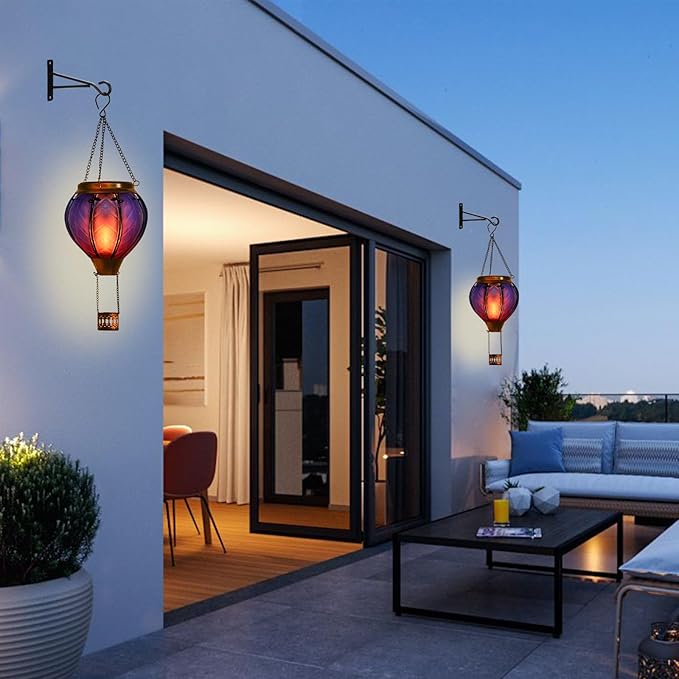 Hot Air Balloon Solar Lantern with Flickering Flame Hanging Solar Lights Outdoor Waterproof Lanterns for Garden Patio Yard Party Decoration Blue&Pink