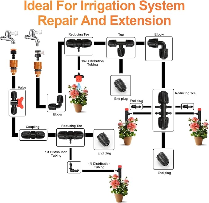 12 Pcs 1/2 inch to 1/4 inch Drip Irrigation Tubing Fittings, 1/2" Drip Tubing (1/2" ID x 0.65" OD) to 4 Way 1/4" Irrigation Tubing Locked Barbed Reducing Tee Connectors for Garden Systems