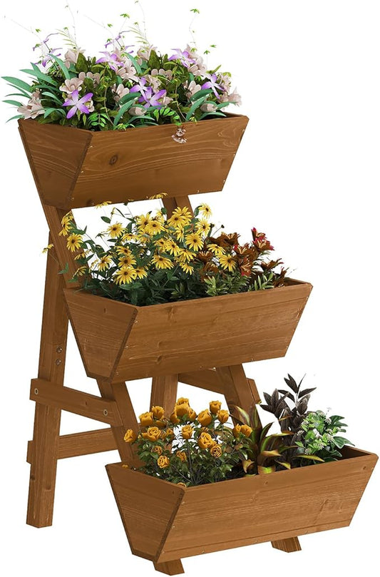 3-Tiers Wooden Raised Garden Bed,Wood Planter Box for Vegetable,Flower Rack,Flower Pot Stands,Indoor Outdoor Gardening Planting Beds (Brown, Small)