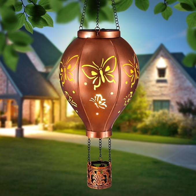 Hot Air Balloon Solar Lights Butterfly Hollowed Metal Hanging LED Solar Lanterns Outdoor Waterproof Light for Garden Patio Yard Porch Christmas Decor Gifts for Women Mom Friends