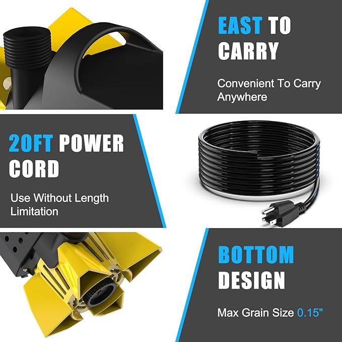 3200GPH Sump Pump - 100W Submersible Water Pump with Barrier Bag, Ultra Quiet Aquarium Pump with 33FT Power Cord for Pond, Waterfall, Fish Tank, Statuary, Hydroponic, Yellow