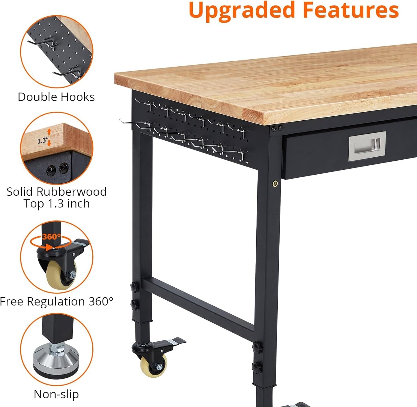 48'' Adjustable Workbench on Wheels, 2000LBS Heavy Duty Worktable with Power Outlets & Drawers, Rubberwood Workstation for Workshop, Garage, Office, Home