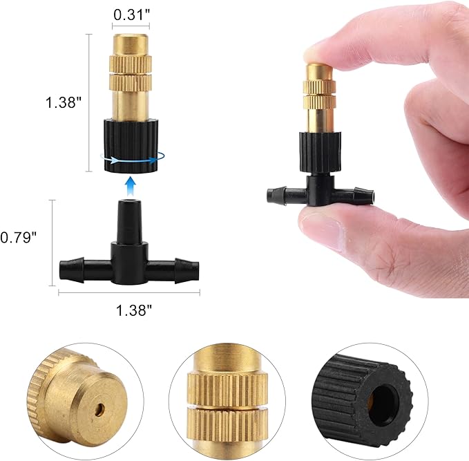 ACBungji 30pcs Brass Misting Nozzles Three-way Connector Drip Irrigation Nozzle 4/7 Inches Adjustable Atomizing Nozzle Cooling Misting System for Outdoor Plant Garden Patio Greenhouse