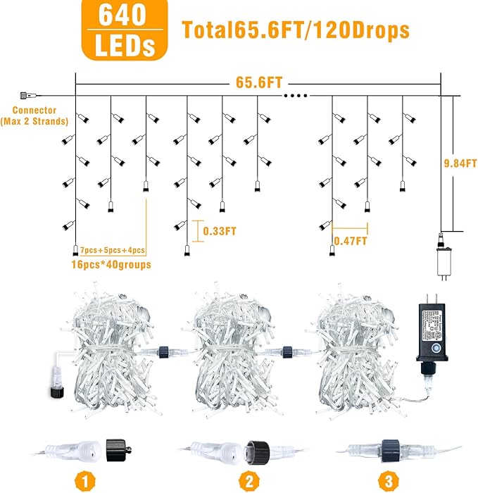 66ft Icicle Lights for Outside, Red and White Christmas Lights Outdoor Indoor, 640 LED Twinkle String Light with 120 Drops Short Curtain Light for Thanksgiving Room Home Wall Bedroom Window Decoration