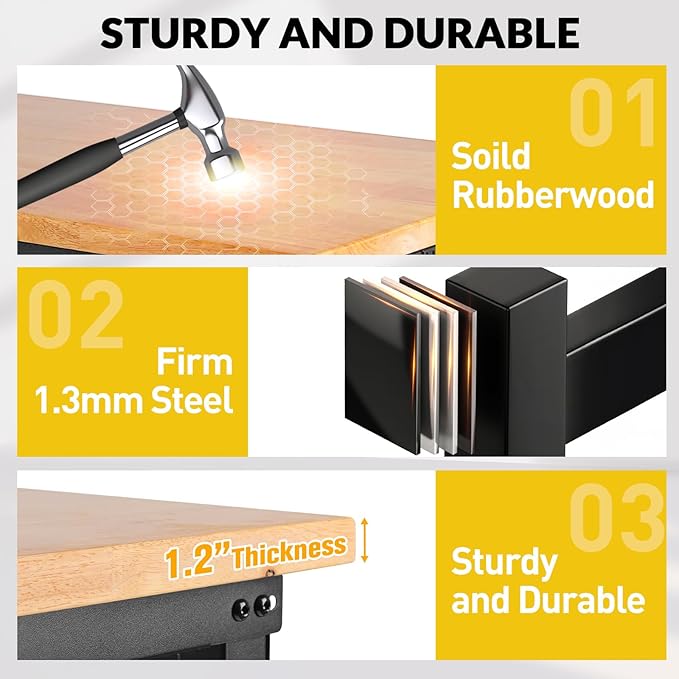 48“ Adjustable Height Workbench Work Bench for Garage Work Table with Under Table Shelf Heavy Duty Rubber Wood Top for Shop Woodworking, Office, Home, Commercial