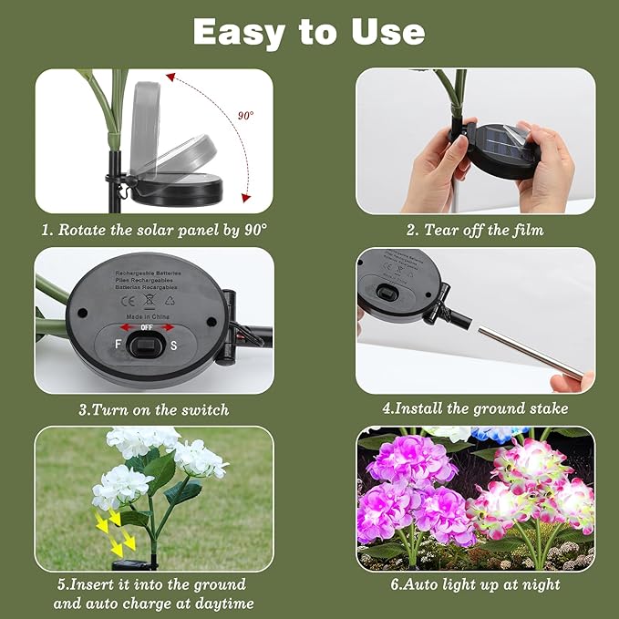 4 Pack Solar Garden Lights, Solar Flowers Lights with 4 Blooming Hydrangea Flowers, Waterproof Solar Lights Outdoor for Yard Porch Patio Backyard Pathway Gardening, 2 Lighting Modes, Colorful