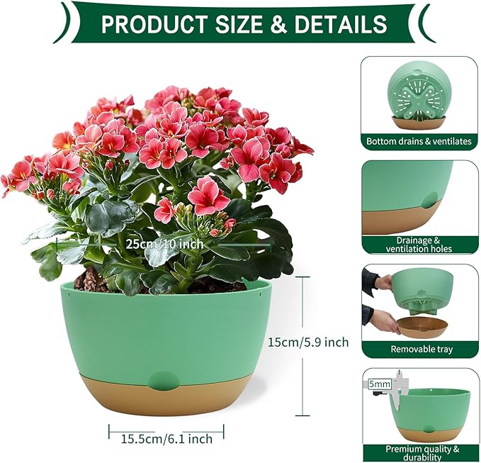 10 Inch Pots for Indoor Plants, Large Self Watering Planters with Drainage and Saucers, Plastic Outdoor Flower Pot, Set of 2, Green