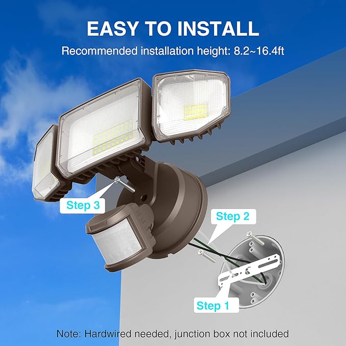 85W LED Security Lights Motion Sensor Light Outdoor, 8500LM Dusk to Dawn, IP65 Waterproof, 6500K, 3 Head Motion Detected Flood Light, Floodlight for Outside, Garage, Yard, Porch (Brown)