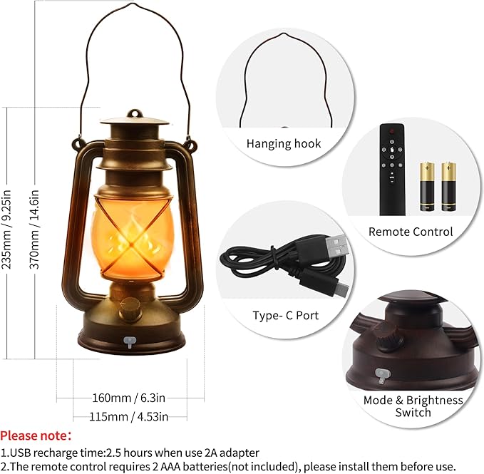 2 Pack Bronze Vintage 4 Modes Light LED Lanterns，Rechargeable Dancing Flame Lanterns Decorative Outdoor&Indoor, Remote Control Waterproof Hanging Lights for Camping,Patio Garden Pathway