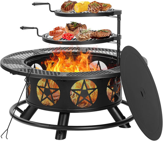 42 Inch Fire Pit with 2 Grills, Extra Large Wood Burning Fire Pits for Outside with Lid & Poker, Heavy Duty Firepit,BBQ& Outdoor Fire Pit & Round Metal Table 3 in 1 for Patio, Picnic, Party