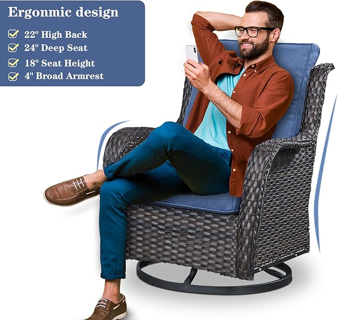 5 Pieces Patio Wicker Furniture Set - 4 Outdoor Swivel Rocker Glider Chairs with Propane Fire Pit Table, Warm Patio Conversation Set Blue Cushion Perfect for Casual Gathering