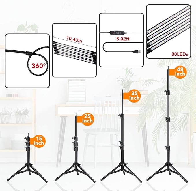 GHodec Grow Light with Stand, 5500K Full Spectrum Gooseneck Floor Plant Light for Indoor Plants Growing,5 Dimmable Levels & Auto On/Off Timer,Tripod Stand Plant Lamp Height Adjustable