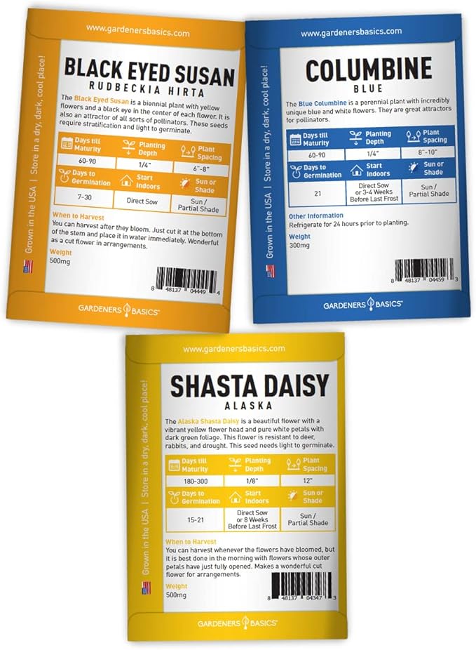Gardeners Basics, Perennial Flower Seeds for Planting Outdoors (5 Variety Pack) Lupine, Columbine, Echinacea Purple Coneflower, Black Eyed Susan, Shasta Daisy for Pollinators Wildflower Seed