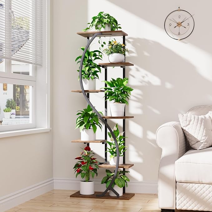 59" Tall Plant Stand with Grow Light Indoor, 7 Tiered Metal Plant Shelf, S-Shaped Flower Display Stand, Corner Storage Shelf for Living Room, Patio, Balcony Decor