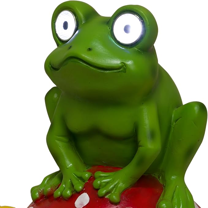 Alpine Corporation ZEN390SLR-S Frog on Mushroom Statue with LED Lights, Solar-Powered LED Frog Garden Statue, 12" H, Green