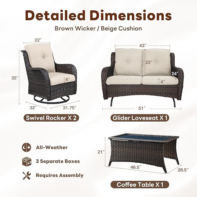 4 Piece Patio Furniture Set - Outdoor Glider Bench with Swivel Rocker Chairs and Coffee Table, High Back Small Outdoor Conversation Furniture Sets for Deck Sunroom Balcony Backyard
