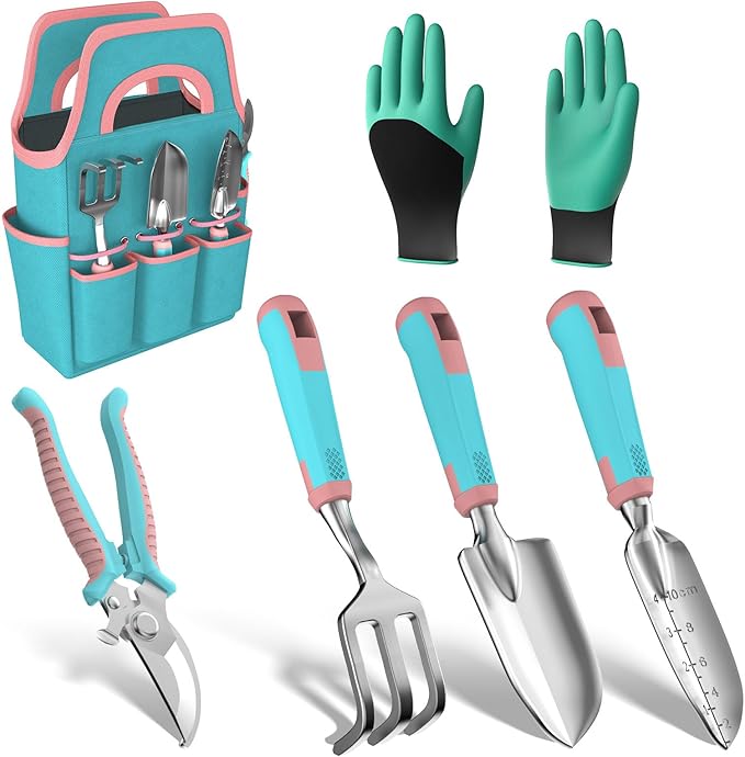 6 Pcs Garden Tool Set, Gardening Hand Tools Aluminum Alloy Starter Kit with Garden Bag, Heavy Duty Outdoor Tool Set with Ergonomic Handle, Gardening Gifts (No Flower Pattern)