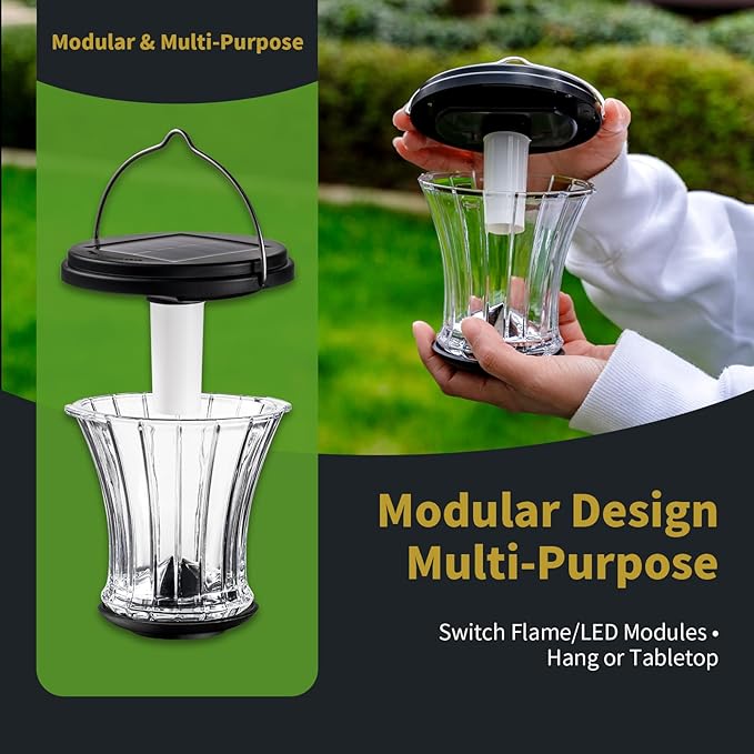 Glass Solar Lantern Outdoor Lights Waterproof, Flickering Flame Solar Lights with Modular Design, Auto On/Off Decorative Hanging Lanterns for Patio Garden Pathway Camping Deck Yard (2 Pack)