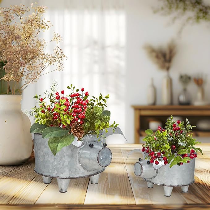 Galvanized Metal Pig Succulent Planter Farmhouse Pig Shaped Bowl Metal Pig Tray Rustic Decor Set of 2