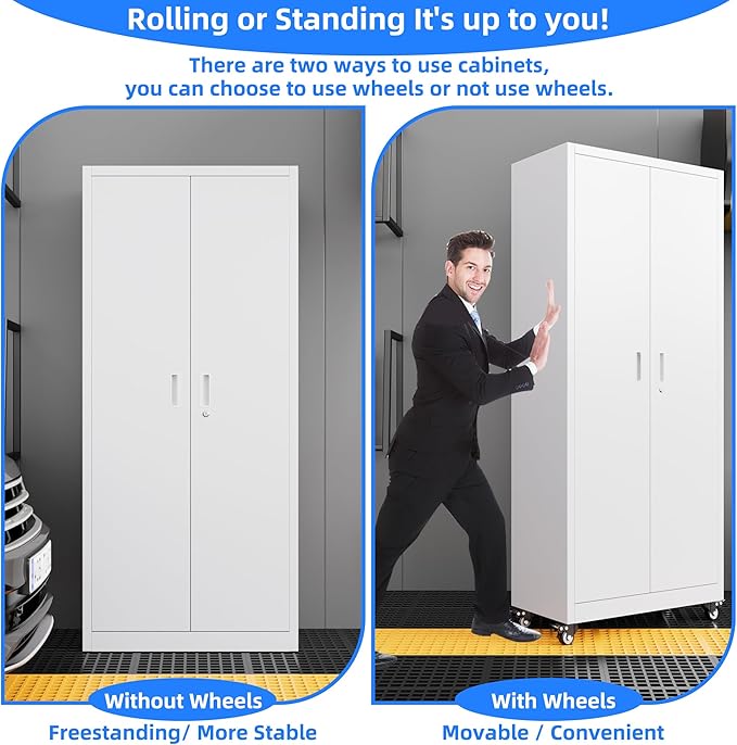 73" H Metal Garage Storage Cabinet with Wheels & Pegboard,Rolling Tool Cabinet with 2 Doors and 4 Shelves for Garage,Home,Office,Warehouse,Workshop, Required-Assembly,White