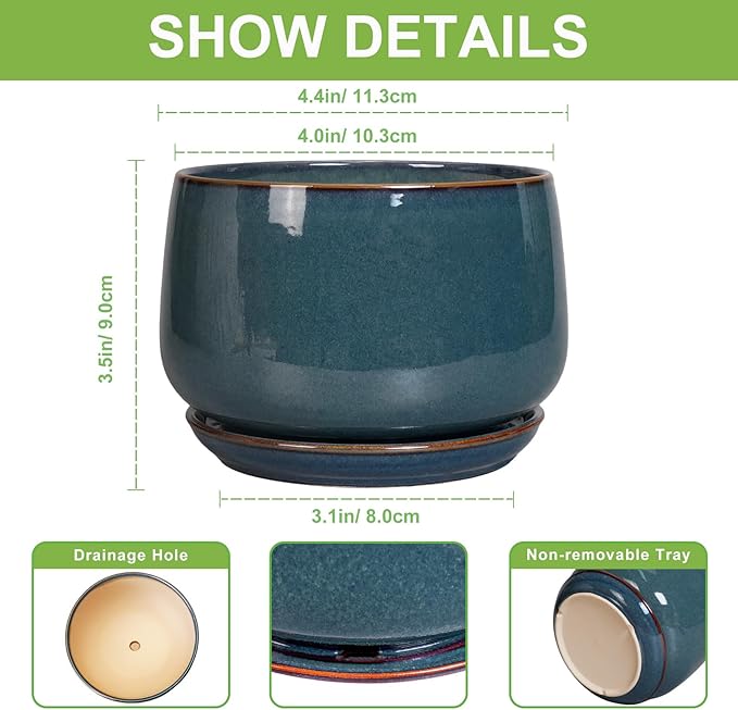 G EPGardening Ceramic Pots for Plants - 4 inch Plant Pots for Indoor Outdoor, Small Planter with Drainage Hole & Tray, Modern Succulent Pots, Round Planter, Office Decor, Home Gifts, Retro Blue