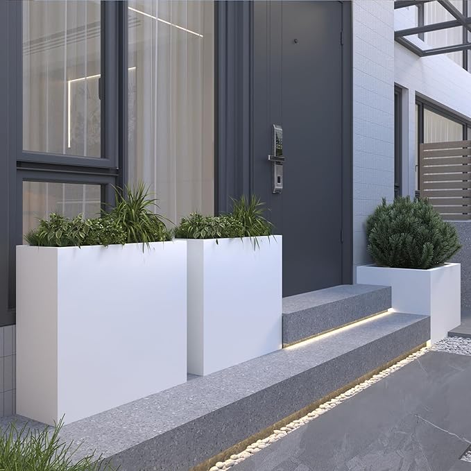 Galvanized Steel Metallic Heavy Planter for Outdoor Plants 24"x10"x24" Metal Planters Spliced Flower Planter with Partitions for Outside,Indoor,Garden (White, 24 * 10 * 24)