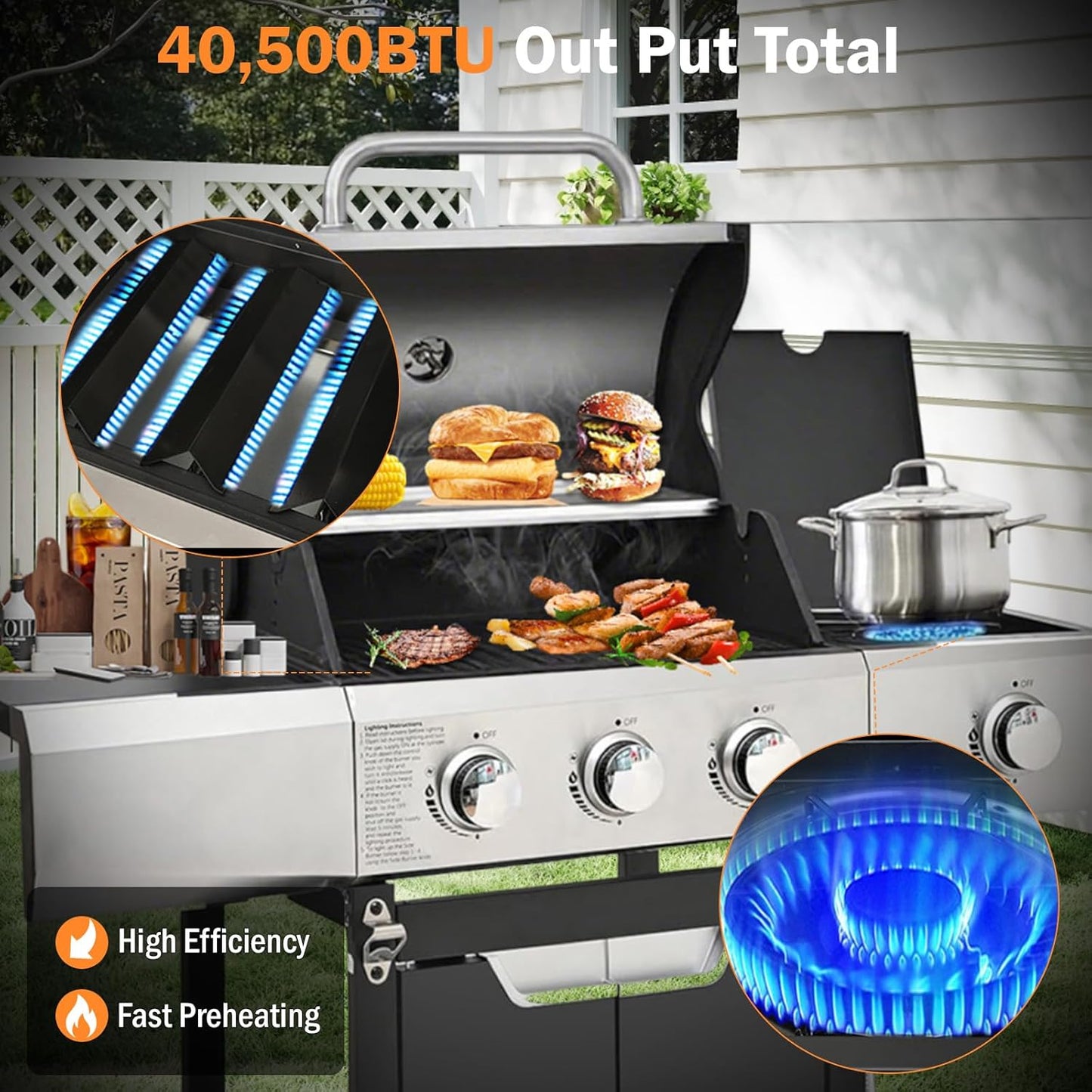 3-Burner Propane Gas Grill with Side Burner, 40,500 BTU Stainless Steel BBQ - Easy Assembly & Grease Management for Patio, Backyard, Camping (3+1Burner No Cover)