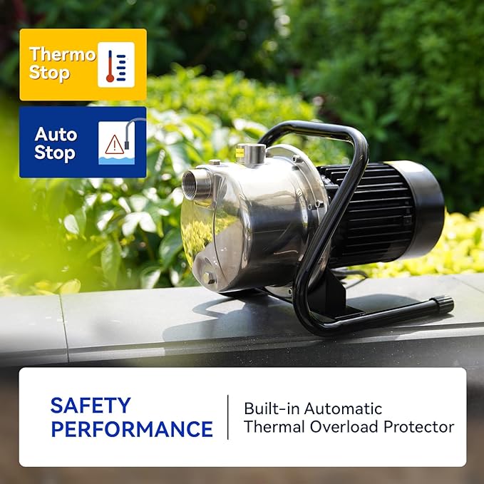 Acquaer 1 HP Portable Shallow Well Garden Pump, Stainless Steel, 998 GPH, 115V Sprinkler Water Transfer Draining Irrigation Pump for Water Removal/Lawn Garden