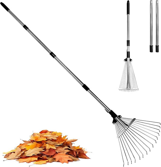 2 Pack Garden Rake for Leaves,Heavy Duty Metal Adjustable Leaf Rake for Lawns,Long Handle 33"-69" with Expandable Head 8"-15",Garden Tools for Yard Lawn Shrub Garden Beds