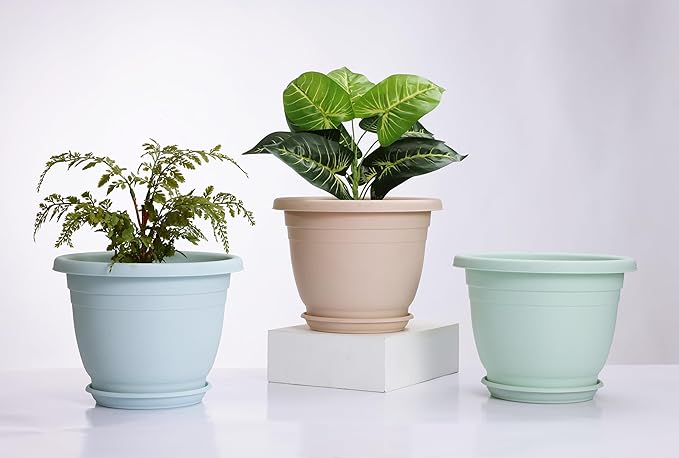 5 Packs 10 inch Plant Pots + Saucer, Planters for Indoor & Outdoor Plants with Drainage Holes | Plastic Flower Pots, Large Planter (Light Green, 10 inch)