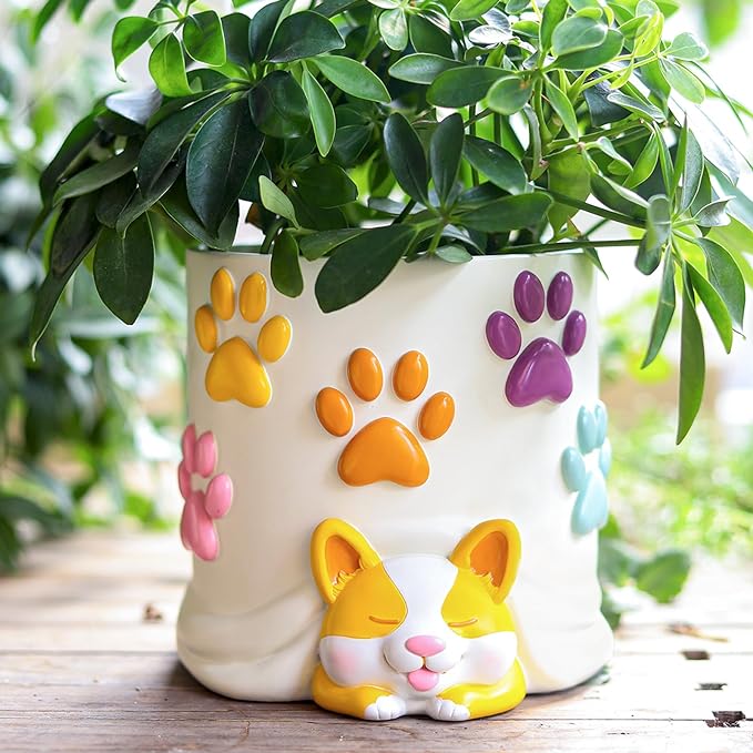 GUGUGO Cute Dog Planter Pots, Colorful Gardening Pots with Drainage Hole, Funny Unique Animal Flower Pots for Indoor Plants, Modern Boho Decor Funky Corgi Gifts for Corgi Lovers