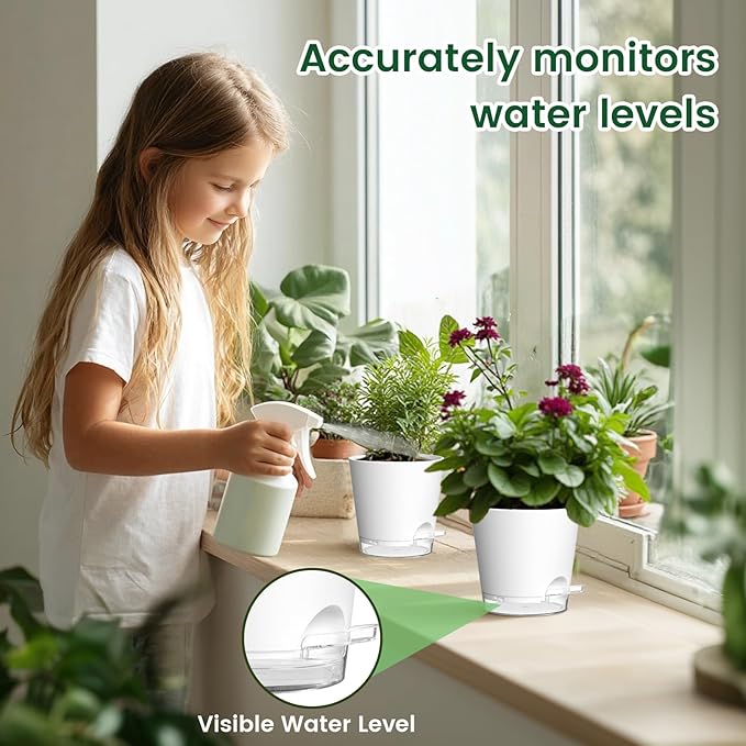 6 inch Self Watering Pots for Indoor Outdoor Plants, 6 Pack Flower Plant Pots with Drainage Holes and Clear Reservoirs, Visible Water Level, Plastic Planters with Wicking Rope, White