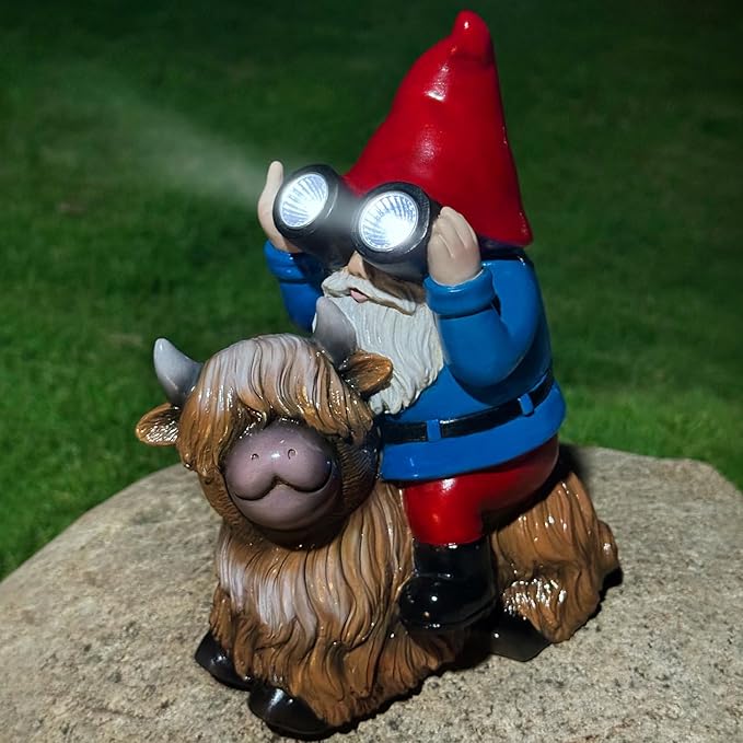 Gnome Garden Statue Solar Lights Outdoor Binoculars on Highland Cow,Birthday Gifts for Women/Men, Housewarming Gifts,Outdoor Decor for Balcony,Garden,Patio,Yard,Lawn(Cow Gnome)