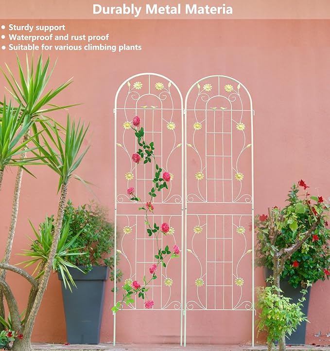 4 Pack Metal Garden Trellis 86.7" H Garden Fence Rustproof Trellis Cream White for Climbing Plants Support Roses Flower Cucumber Outdoor Lawn, White