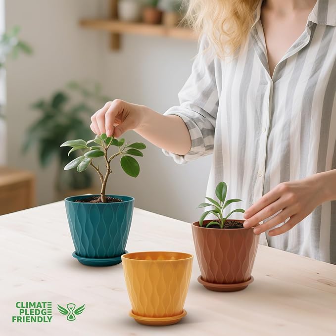 4 inch Plant Pots, 5 Pack Flower Pots Outdoor Indoor, Planters with Drainage Holes and Tray Saucers（（Multicolor）
