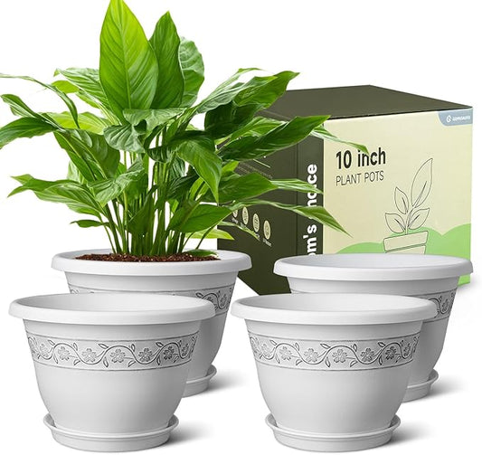 10 Inch Plant Pots with Drainage Hole - Lightweight Flower Pots for Herbs and Flowers - Home Decor Plastic Planters for Indoor Outdoor Plants- Pack of 4 (White, 10 inch)