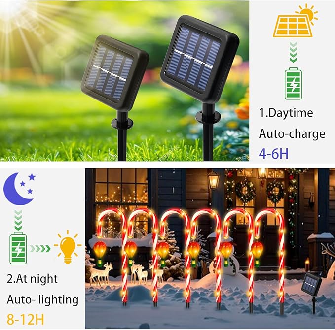 12 Pack Outdoor Solar Christmas Decorations, 180 Bright LED Solar Candy Cane Christmas Lights 8 Lighting Modes, Waterproof Outside Xmas Decorations with Lantern Decor Lights for Pathway Yard Garden