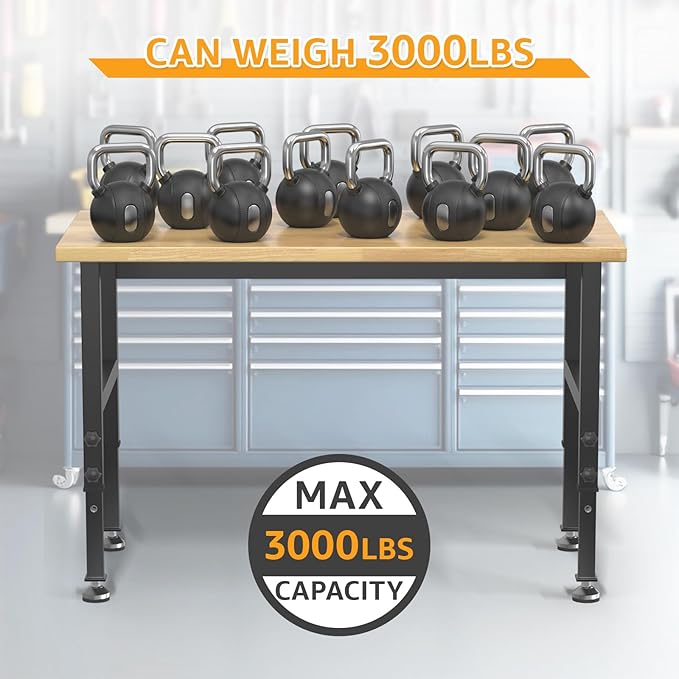 48" Adjustable Workbench,Heavy-Duty Work Table,3000 LBS Load Capacity Hardwood Workstation with Fixed feet,for Workshop, Garage