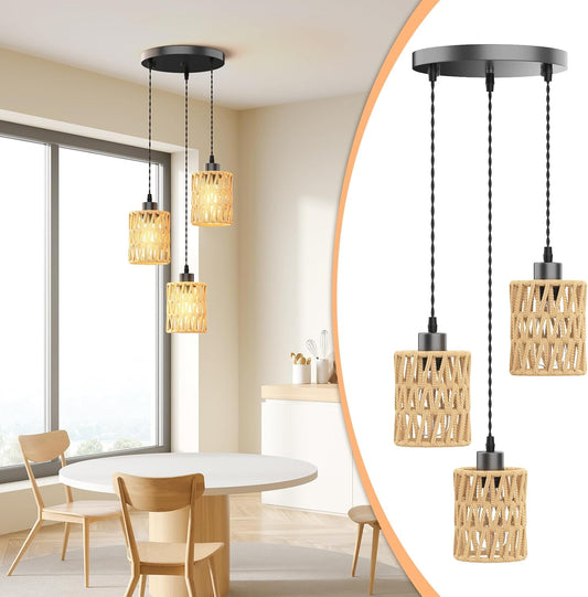 3 in 1 Farmhouse Hemp Rope Pendant Light - Rustic Hand-Woven Rattan Hanging Light Fixture for Kitchen Island,Dining Room,Bedroom- Wicker Cage Chandelier-Coastal/Nautical/Boho Style Lighting Fixture