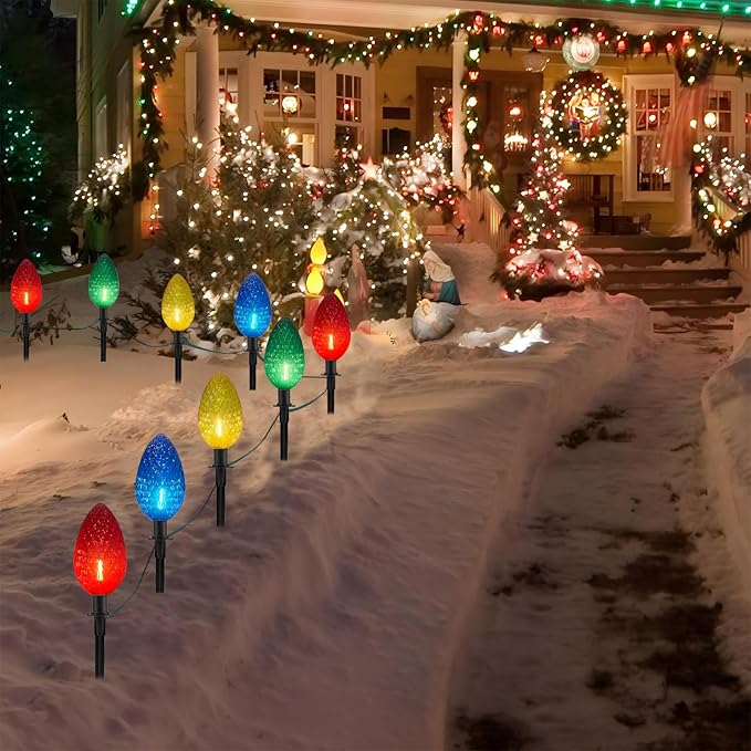 2 Pack Jumbo C9 Christmas Pathway String Lights Outdoor, Total 14 Feet Christmas Walkway Lights Waterproof with 8 LED C9 Jumbo Multicolor Bulbs UL Listed for Holiday Outside Yard Garden Lawn Decor