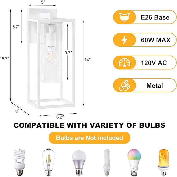 15.7 Inch Outdoor Wall Lights, White Outdoor Wall Lantern with Square Clear Glass Shade, Waterproof Exterior Lighting Fixtures, Modern Front Porch Lighting for House, Garage, E26 Base, ETL Listed