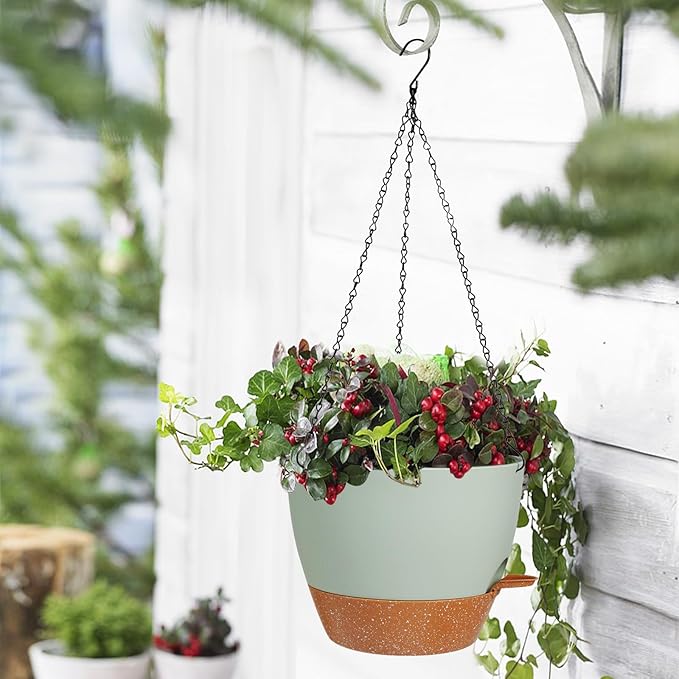 10/9/8 Inch Hanging Planter for Indoor Outdoor Plants, 3 Pack Self-Watering Hanging Pot with Drainage Holes Hanging Planter Baskets Plant Pots with Removable Tray (Green+Brown)
