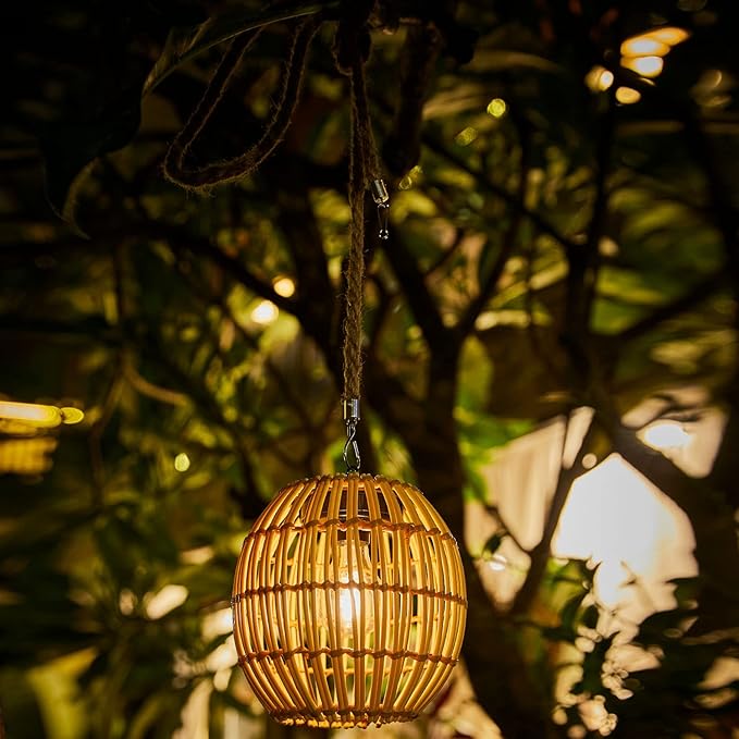Hanging Solar Lantern Outdoor Waterproof, Large Solar Rattan Lantern Outdoor with Twine Handle, Bright Solar Outdoor Lights with Edison Bulb for Garden Patio Yard Decoration