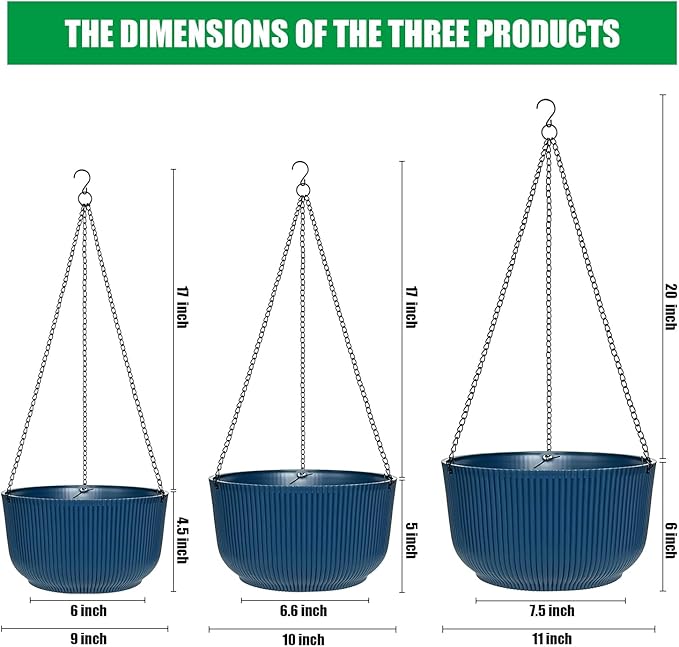 Hanging Planters for Indoor Plants 9/10/11 Inch, 3 Pack Plant Hanger Outdoor with Drainage Holes, Self Watering Hanging Basket Flower Pot for Garden Home Decor, Dark Blue