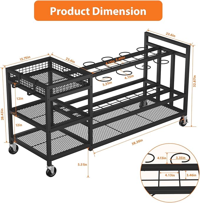 Garden Tool Organizer with Wheels-Movable Garden Tool Rack with Storage Hooks for Long-Handled Tools/Rakes/Brooms/Shovels,Heavy Duty Metal Garden Tool Storage for Garage,Shed,Garden,Black