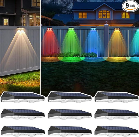 9 Pack Solar Fence Lights - Dusk to Dawn RGB Color Changing LED Lights for Outside Deck, Porch, Patio, Garden Decor